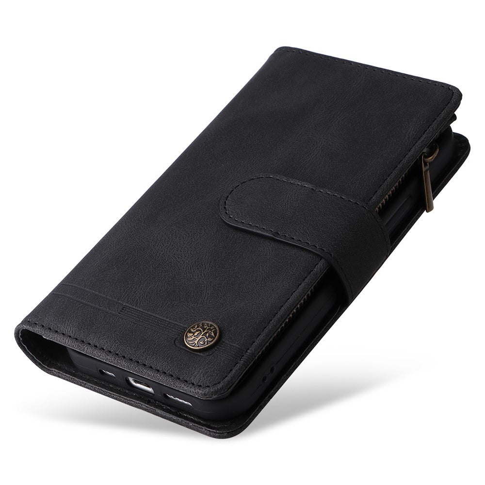 Skin-touch Stribet Præget Læder Cover Med Kortpladser Flip Wallet Stand Beskyttelsesetui med Lynlåslomme til iPhone SE (2022)/SE (2020)/8/7