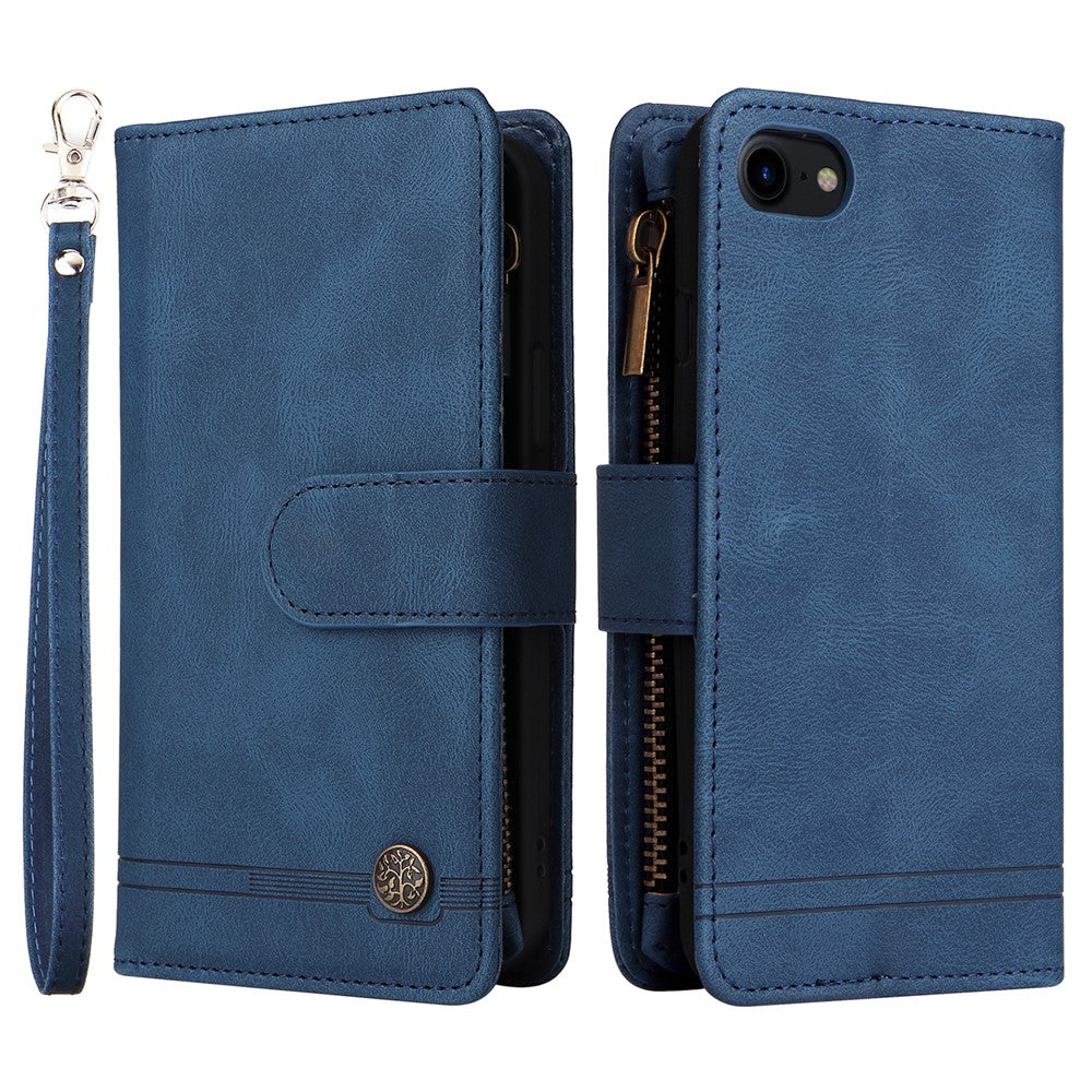 Skin-touch Stribet Præget Læder Cover Med Kortpladser Flip Wallet Stand Beskyttelsesetui med Lynlåslomme til iPhone SE (2022)/SE (2020)/8/7