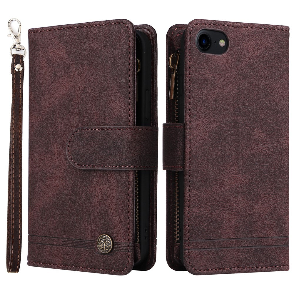 Skin-touch Stribet Præget Læder Cover Med Kortpladser Flip Wallet Stand Beskyttelsesetui med Lynlåslomme til iPhone SE (2022)/SE (2020)/8/7
