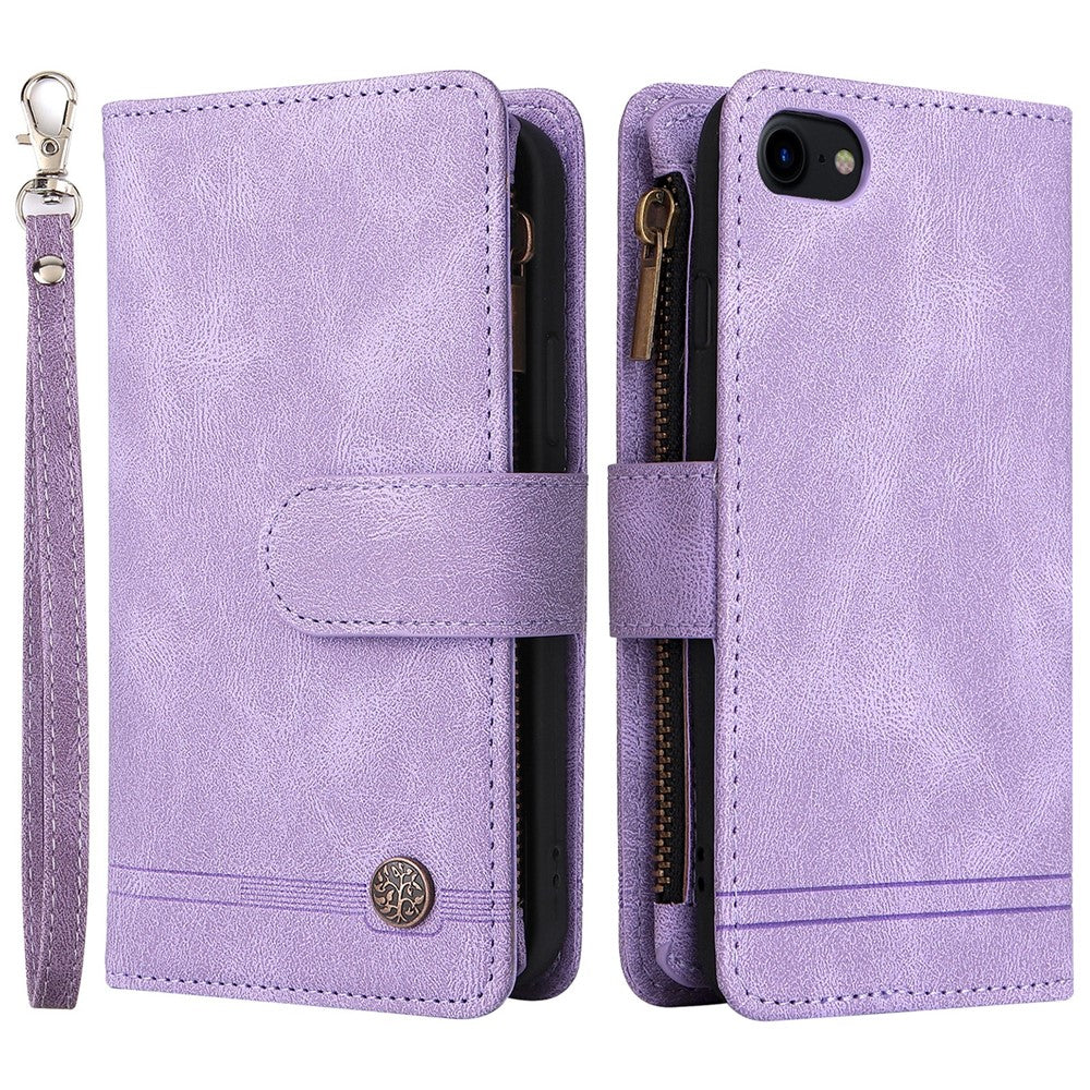 Skin-touch Stribet Præget Læder Cover Med Kortpladser Flip Wallet Stand Beskyttelsesetui med Lynlåslomme til iPhone SE (2022)/SE (2020)/8/7