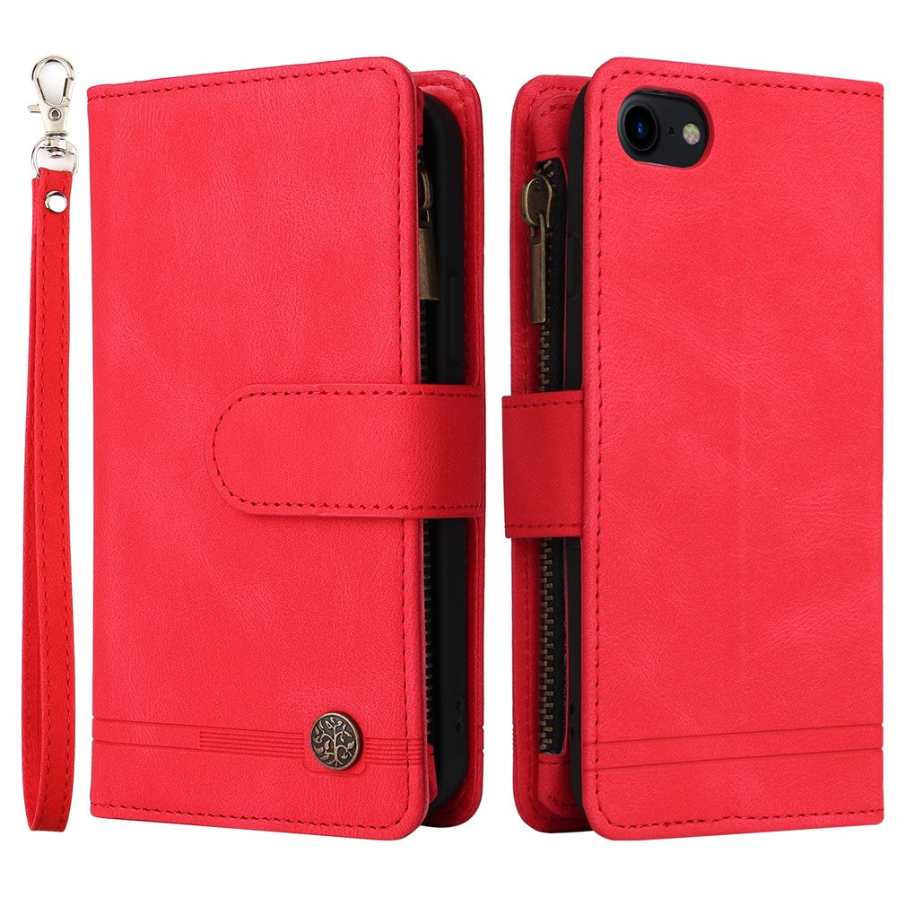 Skin-touch Stribet Præget Læder Cover Med Kortpladser Flip Wallet Stand Beskyttelsesetui med Lynlåslomme til iPhone SE (2022)/SE (2020)/8/7