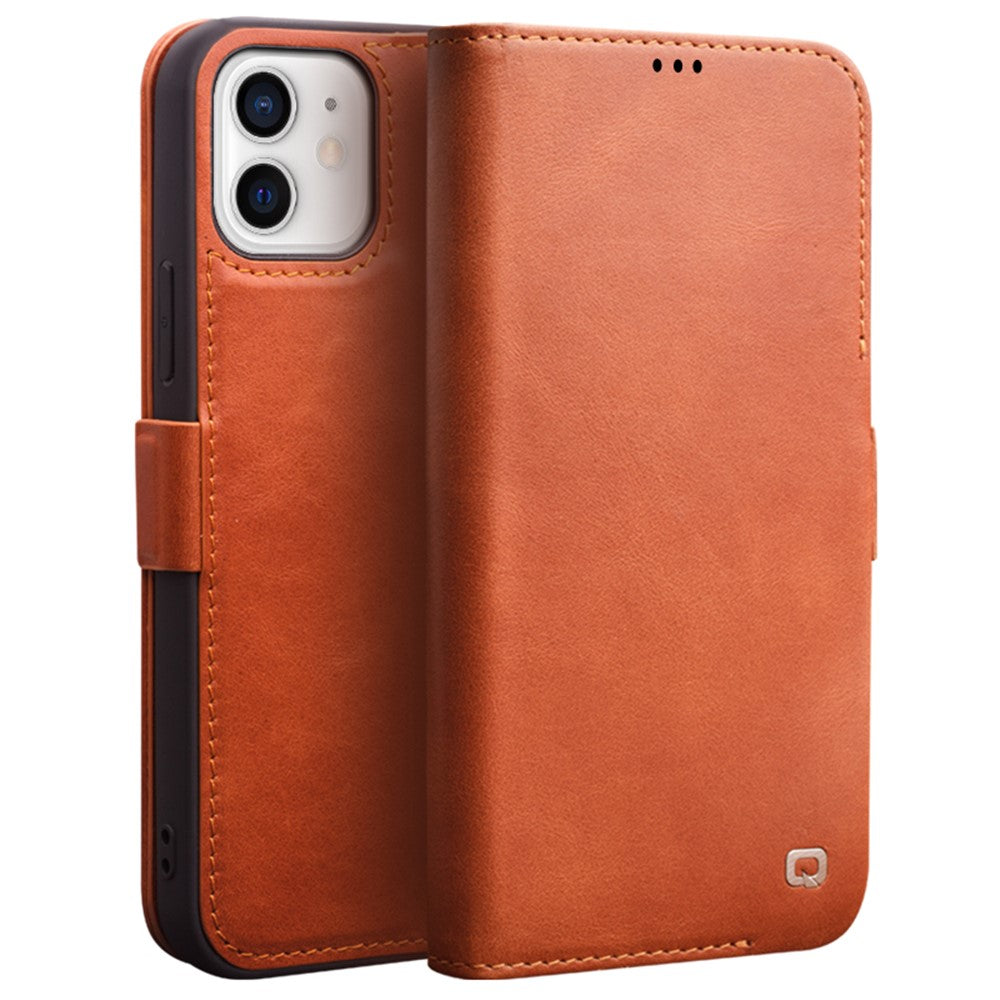 QIALINO til iPhone 12 mini 5,4 tommer magnetisk lukning, ægte læder, pung, telefoncover med stander