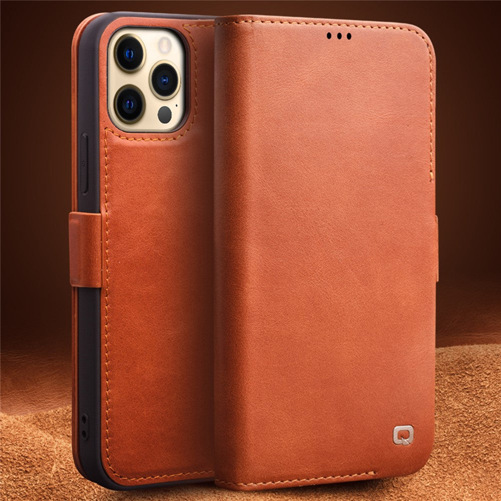 QIALINO For iPhone 12 mini 5.4 inch Magnetic Closure Genuine Leather Wallet Phone Case Stand Cover