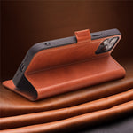 QIALINO For iPhone 12 mini 5.4 inch Magnetic Closure Genuine Leather Wallet Phone Case Stand Cover