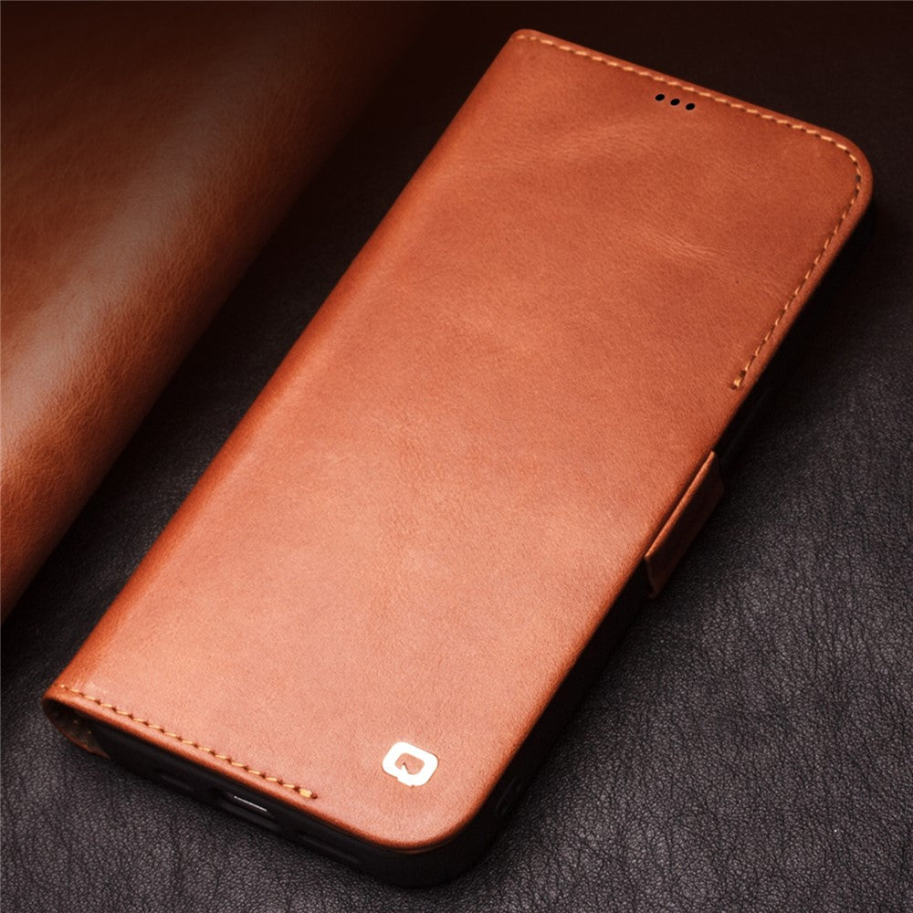 QIALINO For iPhone 12 mini 5.4 inch Magnetic Closure Genuine Leather Wallet Phone Case Stand Cover