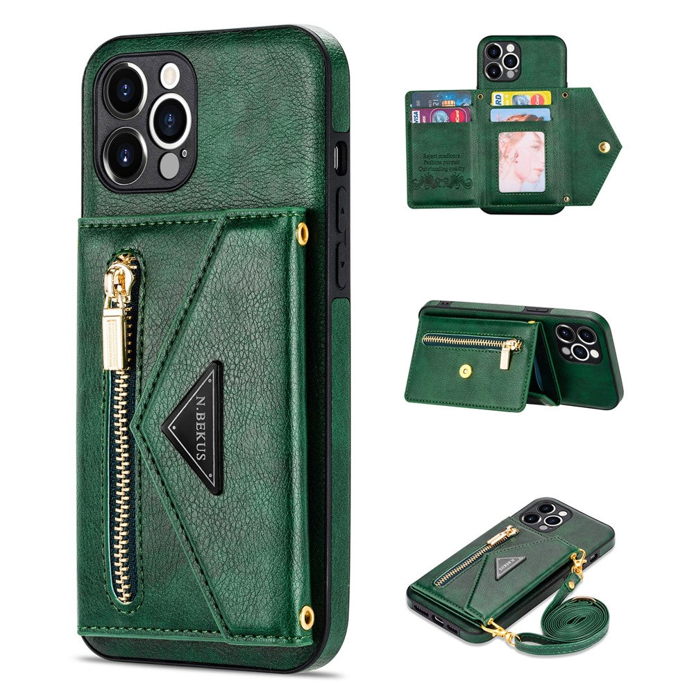 N.BEKUS til iPhone 12 Pro Max 6,7 tommer Wallet med Kickstand Design, Godt Beskyttet PU Læder + TPU Mobiltelefon Cover med Lang Snor