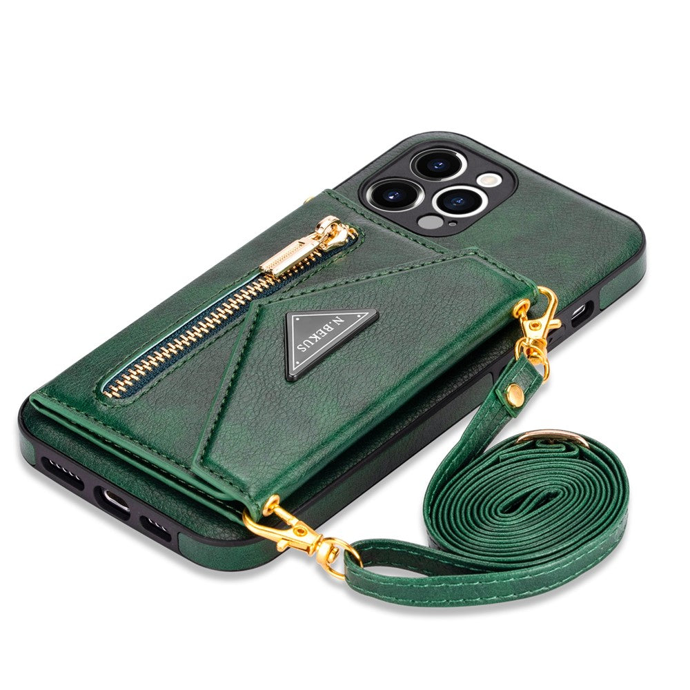 N.BEKUS til iPhone 12 Pro Max 6,7 tommer Wallet med Kickstand Design, Godt Beskyttet PU Læder + TPU Mobiltelefon Cover med Lang Snor