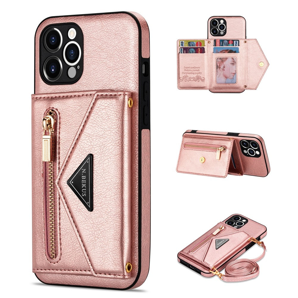 N.BEKUS til iPhone 12 Pro Max 6,7 tommer Wallet med Kickstand Design, Godt Beskyttet PU Læder + TPU Mobiltelefon Cover med Lang Snor