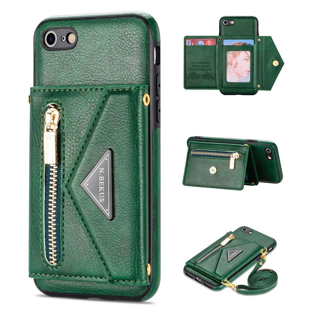 N.BEKUS til iPhone SE (2022)/SE (2020)/8/7 Kickstand Design Pung PU Læder + TPU Stødabsorberende Stilfuldt Mobiltelefoncover med Lang Snor