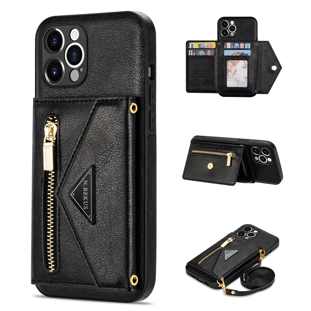 N.BEKUS for iPhone 13 Pro 6.1 inch Anti-scratch Drop-proof Kickstand Design Wallet PU Leather + TPU Phone Shell Case with Long Lanyard