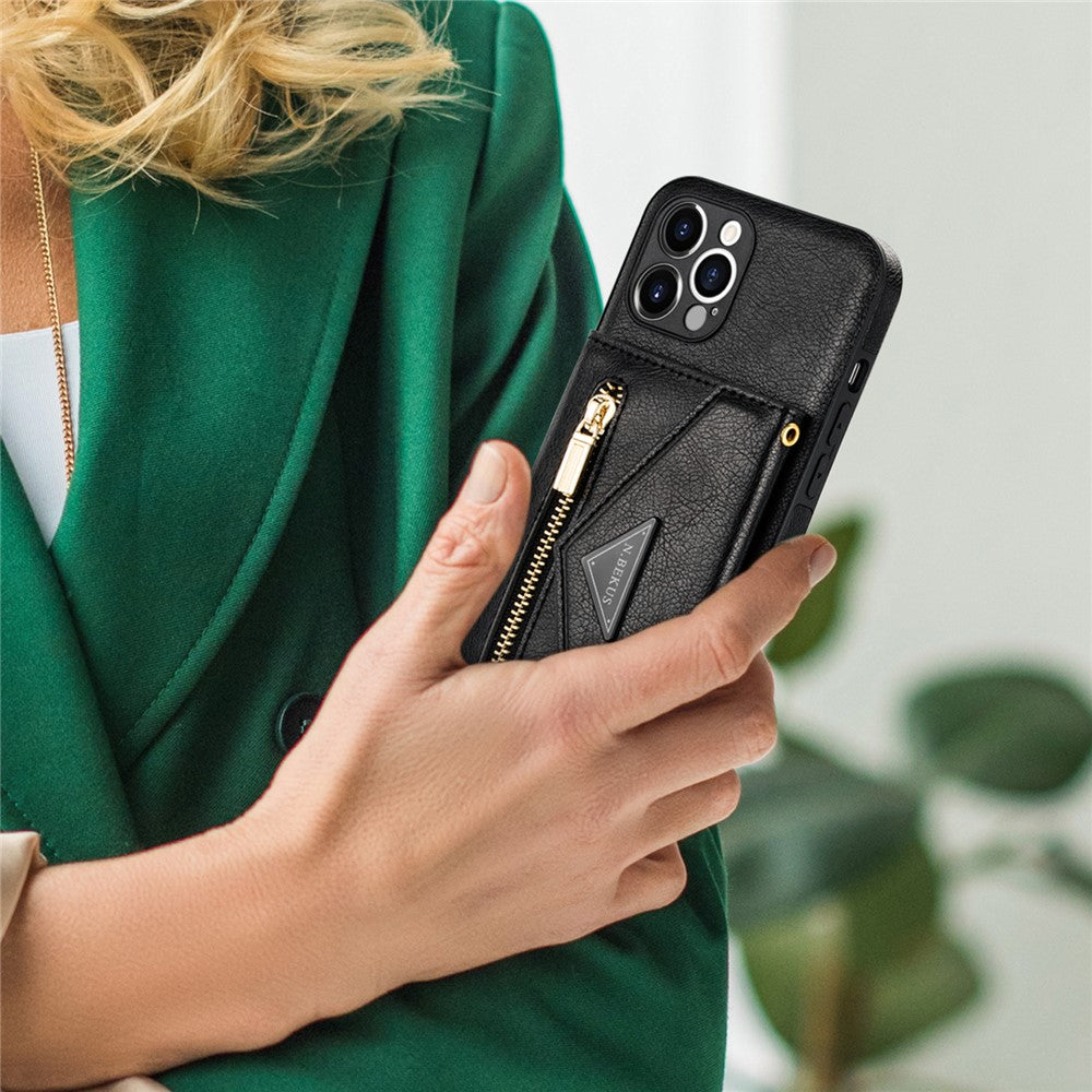 N.BEKUS for iPhone 13 Pro 6.1 inch Anti-scratch Drop-proof Kickstand Design Wallet PU Leather + TPU Phone Shell Case with Long Lanyard