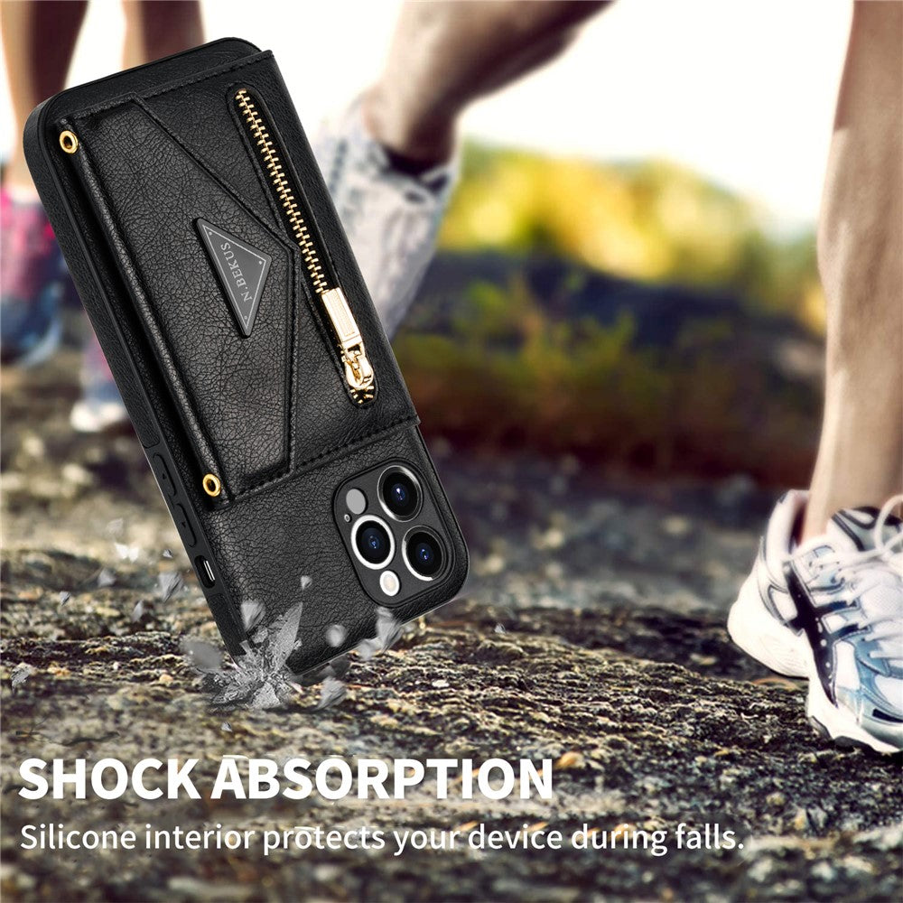 N.BEKUS for iPhone 13 Pro 6.1 inch Anti-scratch Drop-proof Kickstand Design Wallet PU Leather + TPU Phone Shell Case with Long Lanyard