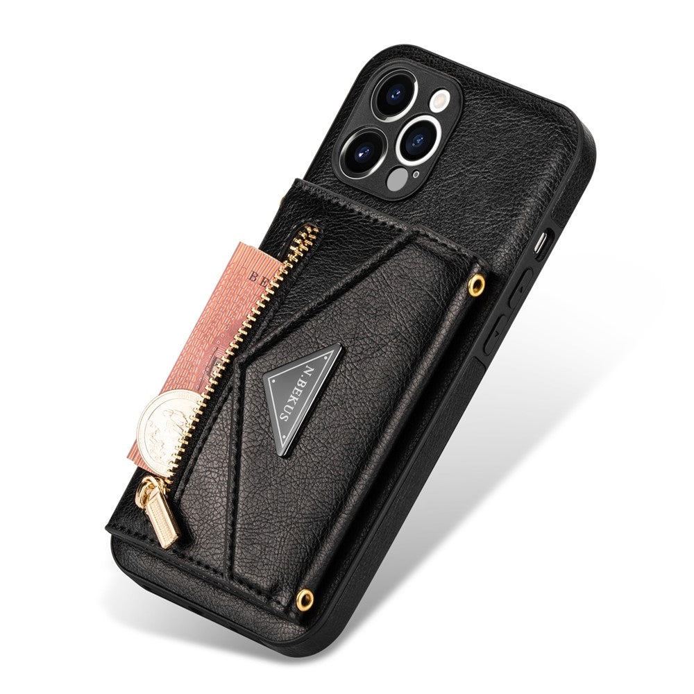 N.BEKUS for iPhone 13 Pro 6.1 inch Anti-scratch Drop-proof Kickstand Design Wallet PU Leather + TPU Phone Shell Case with Long Lanyard