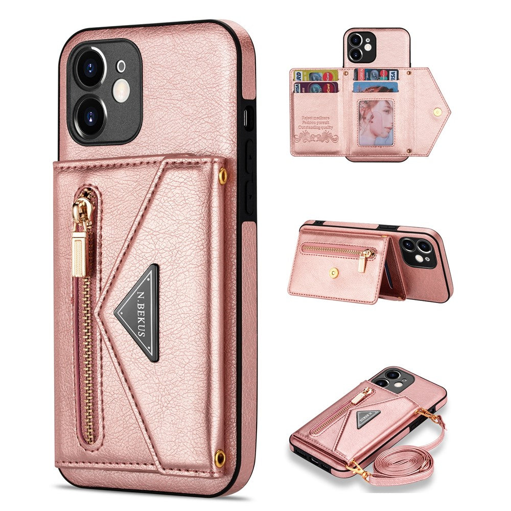 N.BEKUS för iPhone 12 mini 5,4 tums stativdesign plånbok reptålig fallsäker PU-läder + TPU mobilmobilskal med långt snodd