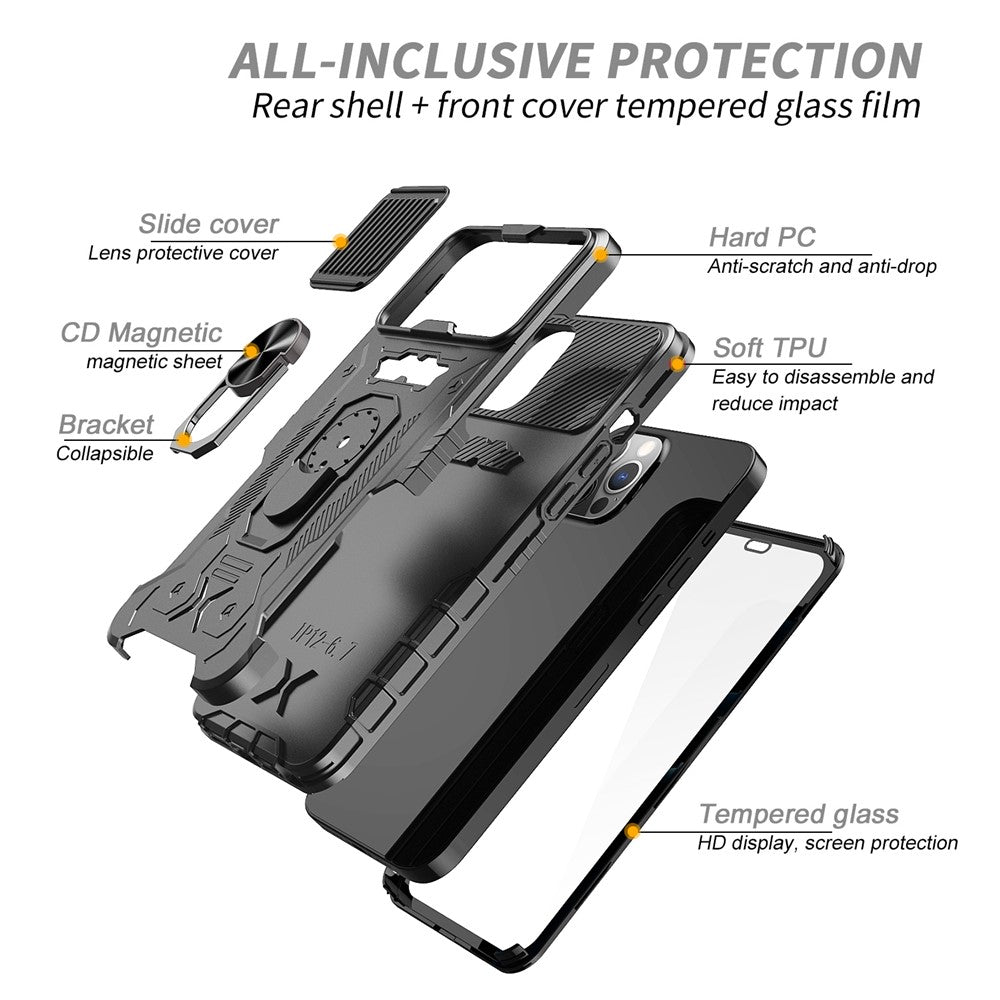 Hard PC + Soft TPU Phone Case for iPhone 11 Pro 5.8 inch, Full Coverage Kickstand Cover with Tempered Glass Screen Protector