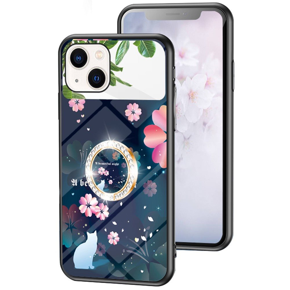 Magic Mirror Series Blomstret Telefoncover til iPhone 13 mini 5,4 tommer, Spejldesign Hærdet Glas + PC Bagside TPU Ramme Beskyttelsescover med Ring Kickstand