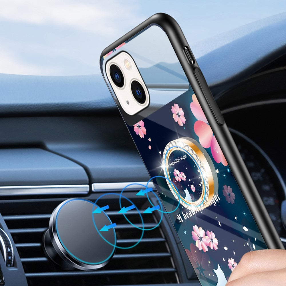 Magic Mirror Series Flower Pattern Phone Case for iPhone 13 mini 5.4 inch, Mirror Design Tempered Glass + PC Back TPU Frame Protective Cover with Ring Kickstand
