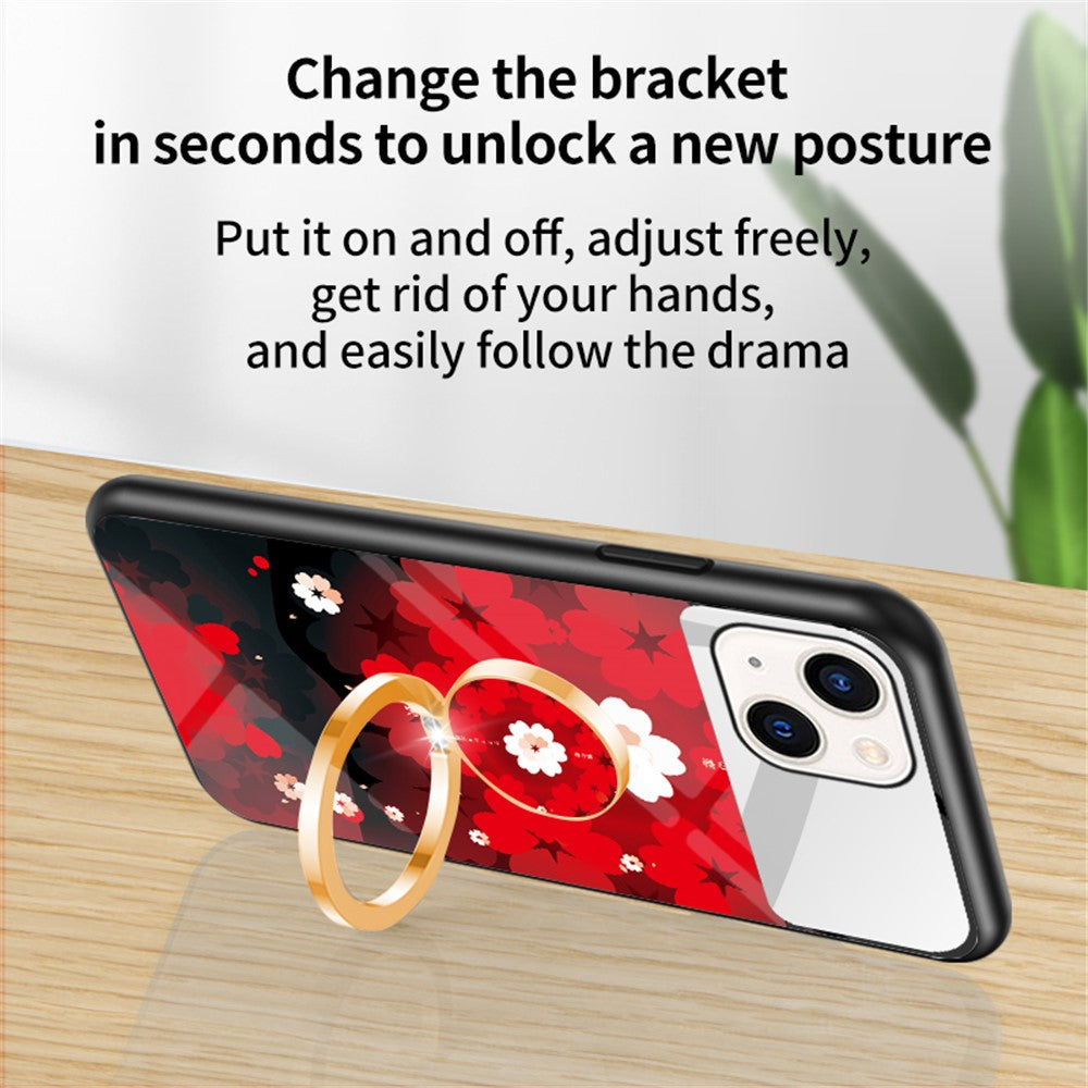 Magic Mirror Series Flower Pattern Phone Case for iPhone 13 mini 5.4 inch, Mirror Design Tempered Glass + PC Back TPU Frame Protective Cover with Ring Kickstand