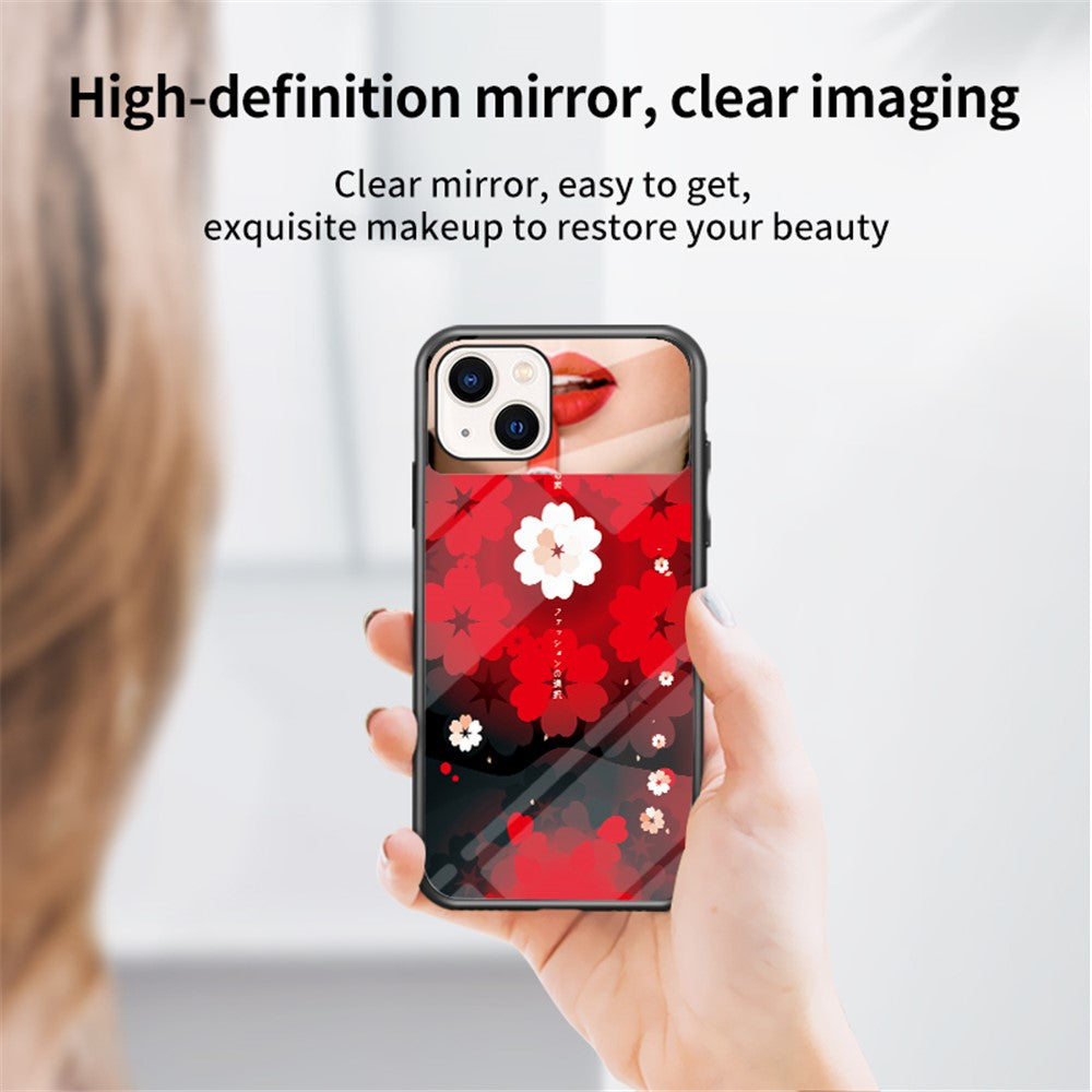 Magic Mirror Series Flower Pattern Phone Case for iPhone 13 mini 5.4 inch, Mirror Design Tempered Glass + PC Back TPU Frame Protective Cover with Ring Kickstand