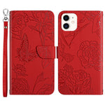 For iPhone 12 mini 5.4 inch Butterfly Flower Pattern Imprinted Stand Case Shockproof Skin-touch Feeling PU Leather Wallet Anti-fall Cover with Strap