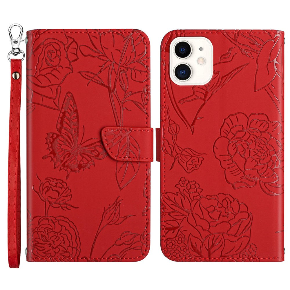 For iPhone 12 mini 5.4 inch Butterfly Flower Pattern Imprinted Stand Case Shockproof Skin-touch Feeling PU Leather Wallet Anti-fall Cover with Strap