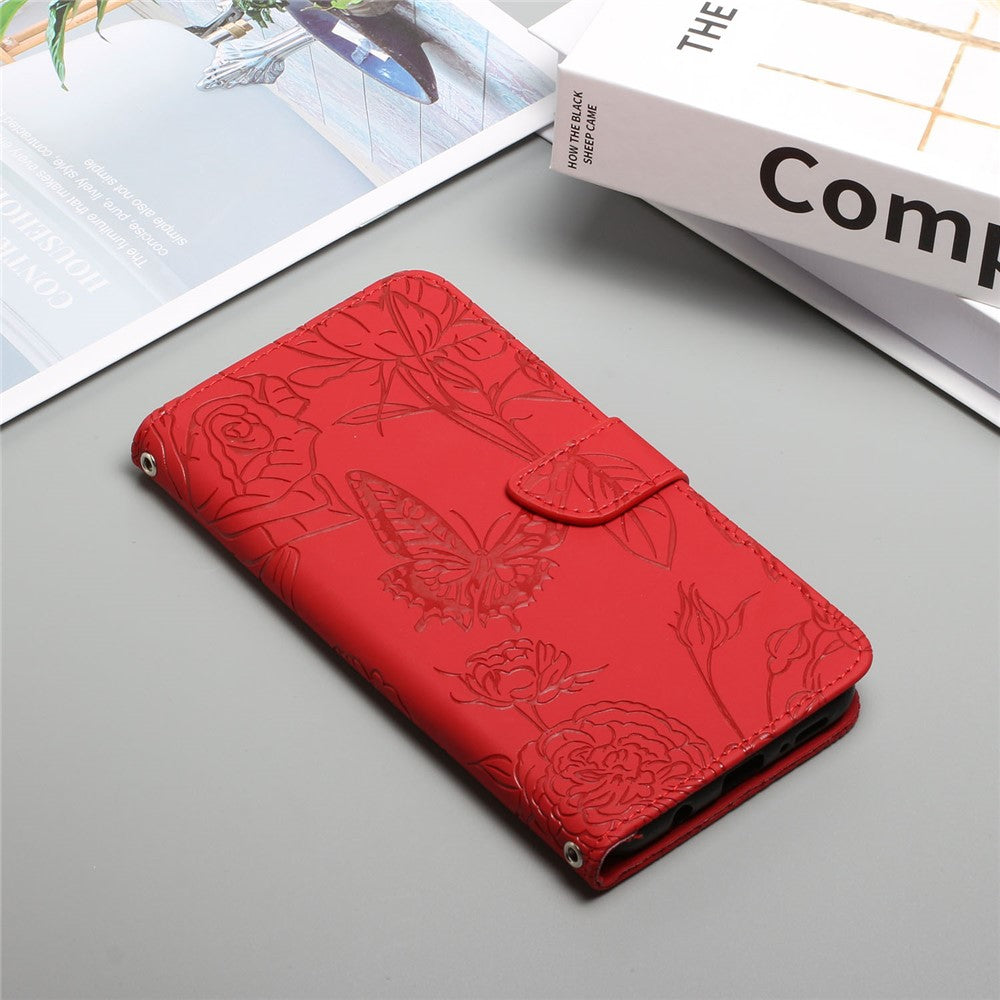 For iPhone 12 mini 5.4 inch Butterfly Flower Pattern Imprinted Stand Case Shockproof Skin-touch Feeling PU Leather Wallet Anti-fall Cover with Strap