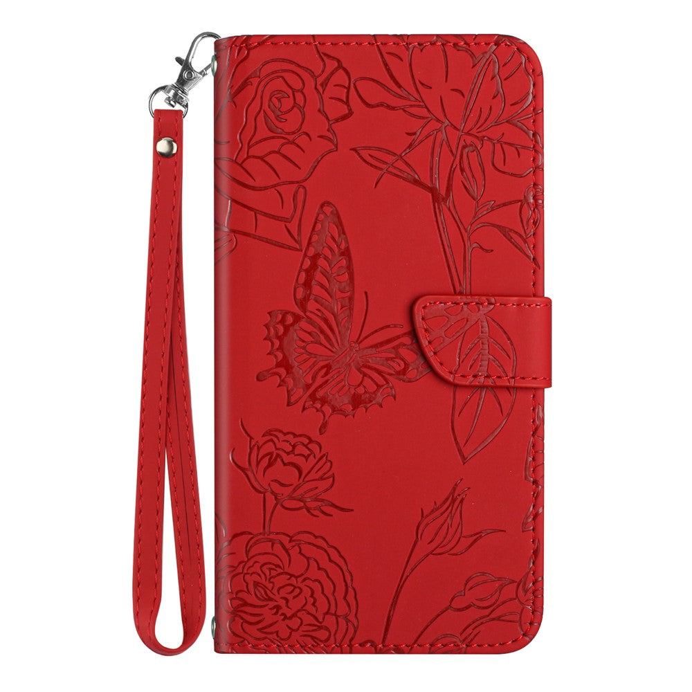For iPhone 12 mini 5.4 inch Butterfly Flower Pattern Imprinted Stand Case Shockproof Skin-touch Feeling PU Leather Wallet Anti-fall Cover with Strap