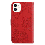 For iPhone 12 mini 5.4 inch Butterfly Flower Pattern Imprinted Stand Case Shockproof Skin-touch Feeling PU Leather Wallet Anti-fall Cover with Strap