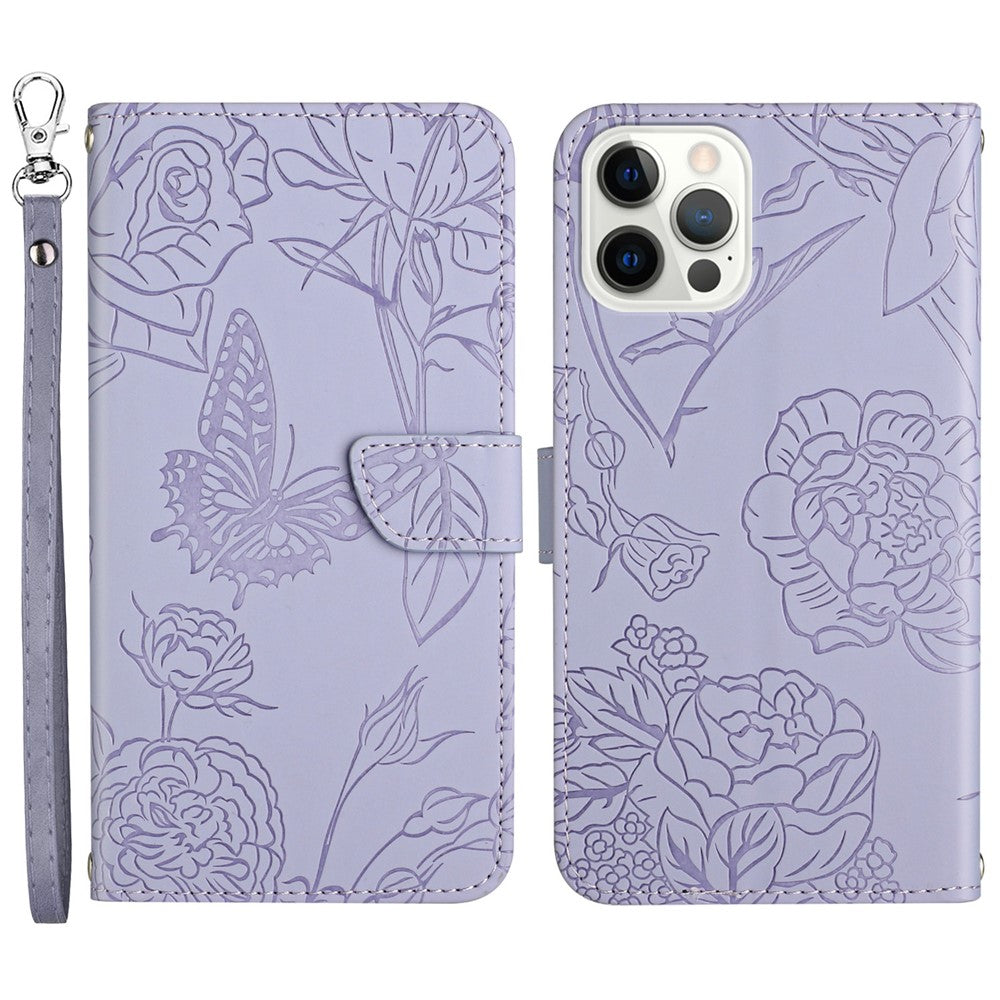 For iPhone 13 Pro Max 6.7 inch Butterflies Imprinted Shockproof Case Skin-touch PU Leather Wallet Stand Phone Protector Anti-drop Folio Flip Cover with Strap
