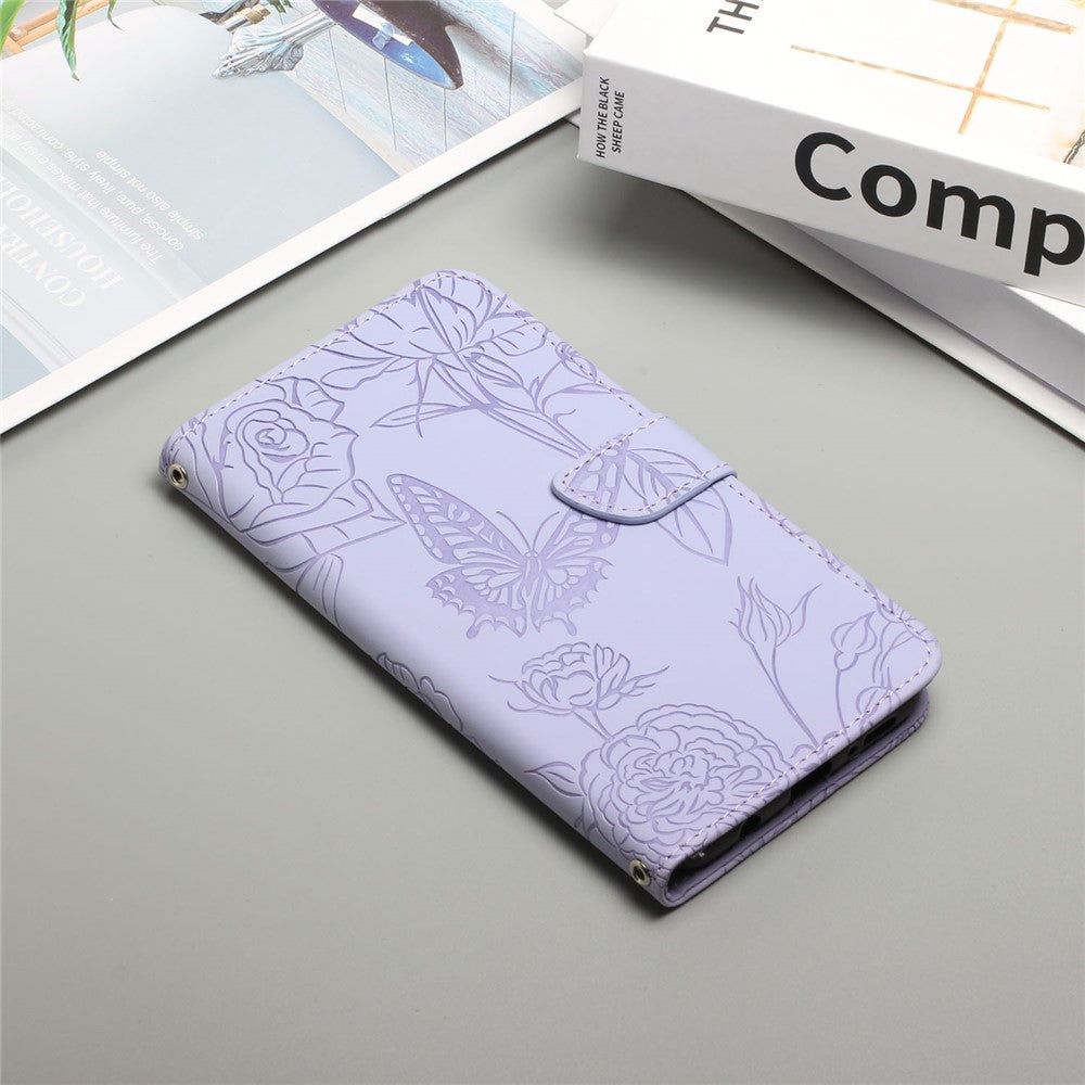 For iPhone 13 Pro Max 6.7 inch Butterflies Imprinted Shockproof Case Skin-touch PU Leather Wallet Stand Phone Protector Anti-drop Folio Flip Cover with Strap