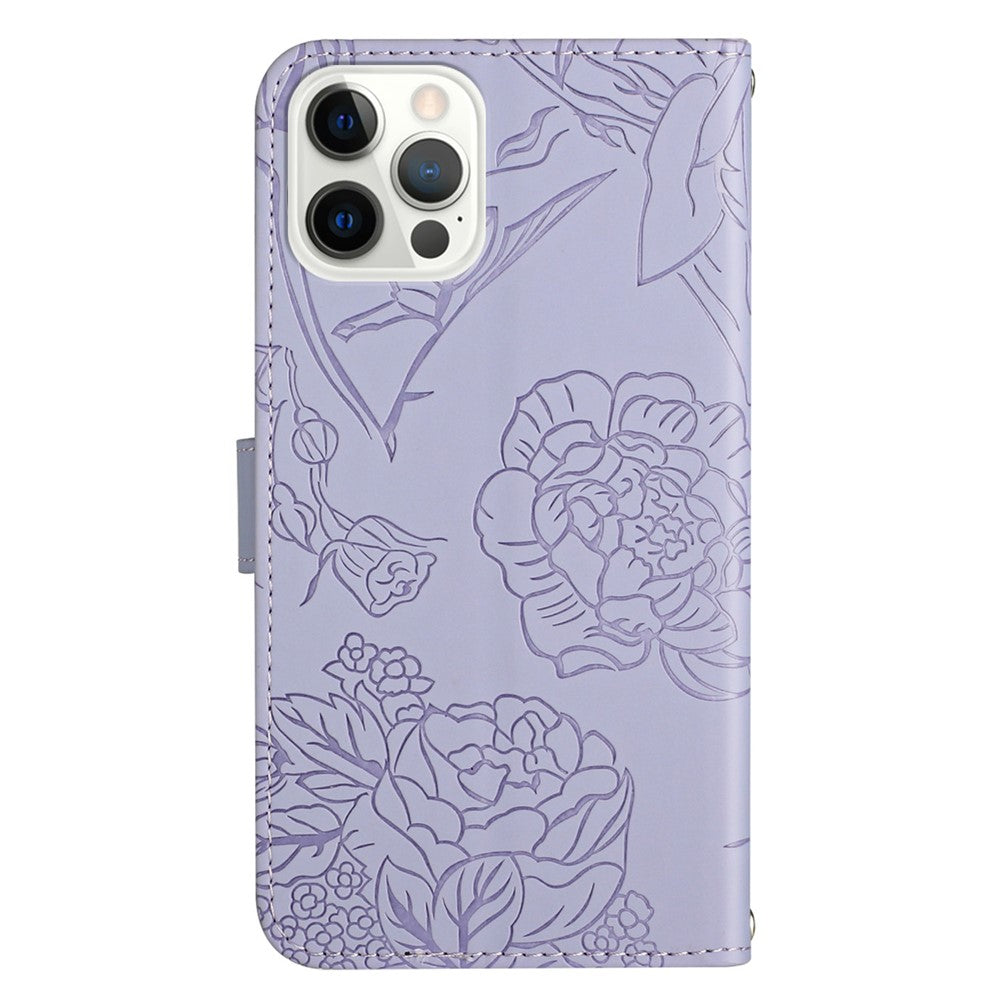 For iPhone 13 Pro Max 6.7 inch Butterflies Imprinted Shockproof Case Skin-touch PU Leather Wallet Stand Phone Protector Anti-drop Folio Flip Cover with Strap