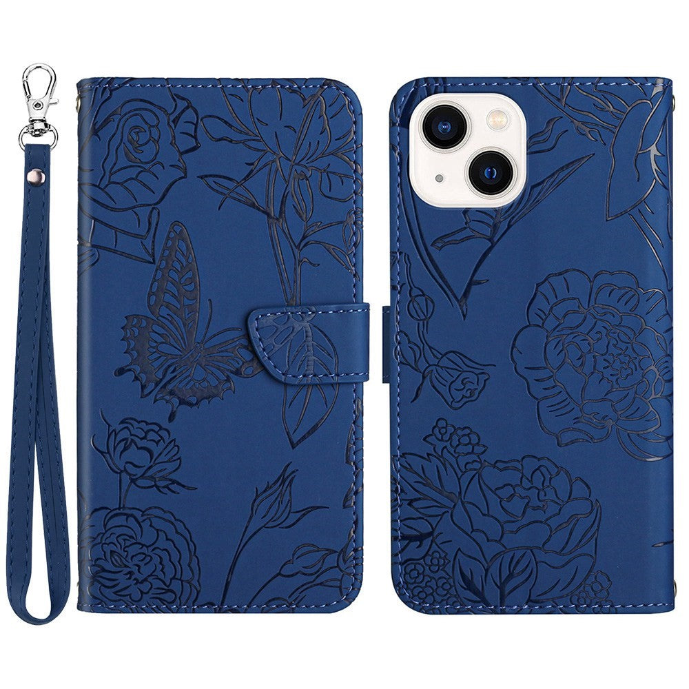 Til iPhone 13 mini 5,4 tommer Moderigtigt PU læder cover med stander Hud-venlig følelse Sommerfugleblomster mønster præget flip cover pung med håndledsrem
