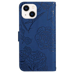 For iPhone 13 mini 5.4 inch Fashionable PU Leather Case Supporting Stand Skin-touch Feeling Butterfly Flower Pattern Imprinted Flip Wallet Phone Cover with Wrist Strap