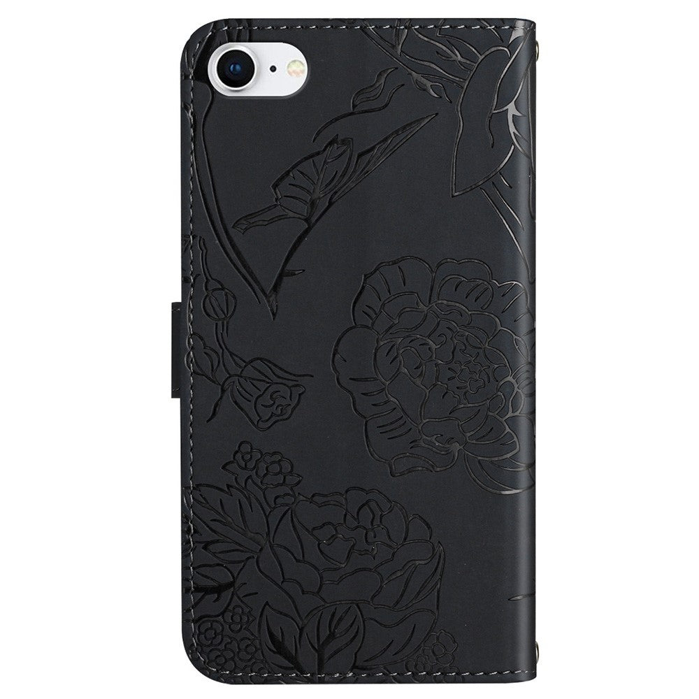 For iPhone SE (2022)/SE (2020)/8/7 4.7 inch Leather Phone Cover Stand Skin-touch Feeling Butterfly Flower Pattern Imprinted Pattern Flip Wallet with Wrist Strap
