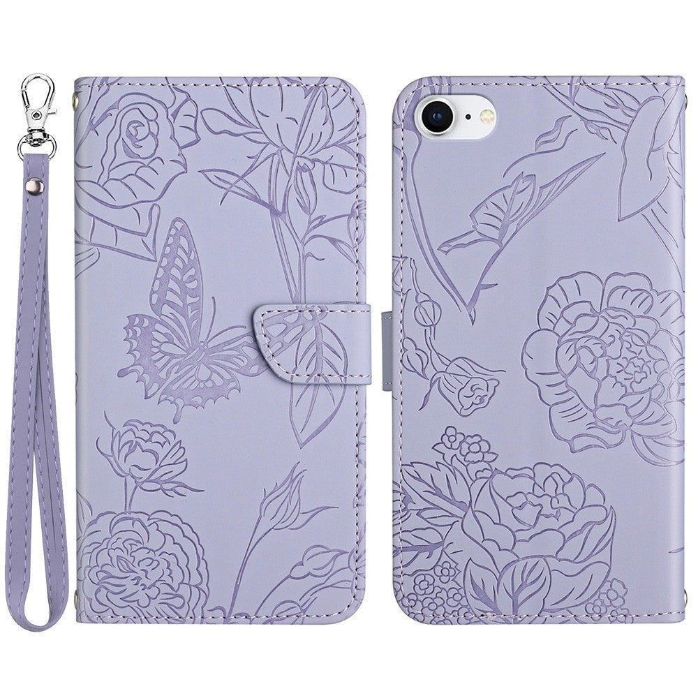 For iPhone SE (2022)/SE (2020)/8/7 4.7 inch Leather Phone Cover Stand Skin-touch Feeling Butterfly Flower Pattern Imprinted Pattern Flip Wallet with Wrist Strap