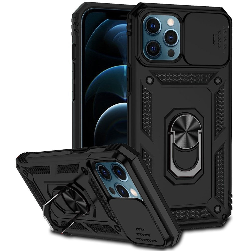 iPhone 12 Pro Max 6,7 tum Snyggt mobilskal Ringstativ Hybrid PC + TPU-skal med glidande kameraskydd
