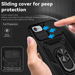 Til iPhone SE (2022)/SE (2020)/8/7 4,7 tommer støvtæt telefoncover med ringstativ, hybrid PC TPU telefoncover med skydelåge til kamerabeskyttelse