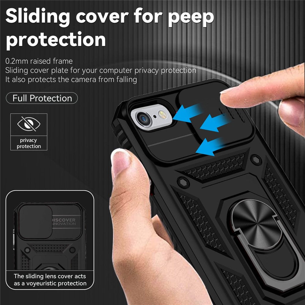 Til iPhone SE (2022)/SE (2020)/8/7 4,7 tommer støvtæt telefoncover med ringstativ, hybrid PC TPU telefoncover med skydelåge til kamerabeskyttelse