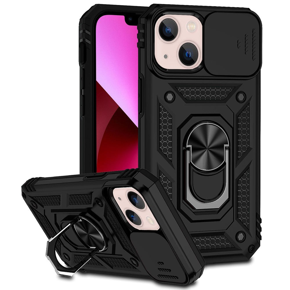 Mobiltelefoncover til iPhone 13 mini 5,4 tommer, med skydende kamerabeskyttelse, ring-kickstand og hybrid PC + TPU telefonetui