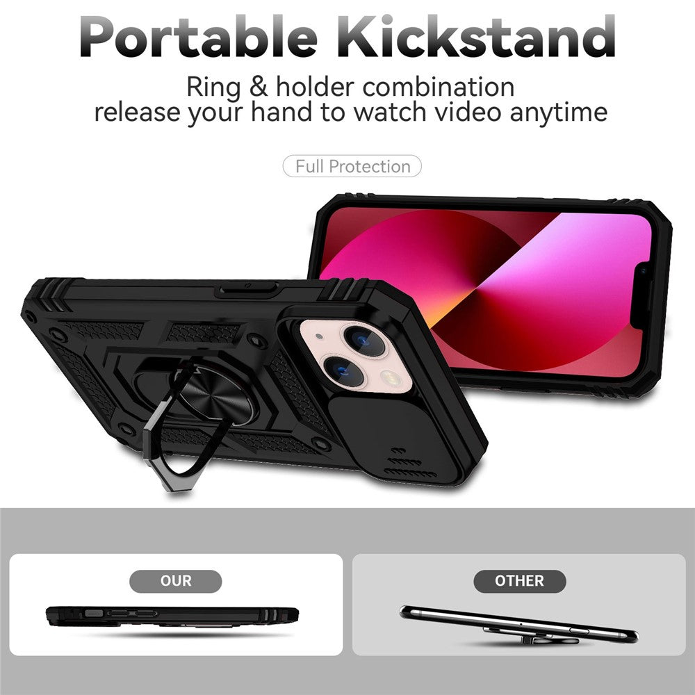 For iPhone 13 mini 5.4 inch Mobile Phone Cover Slide Camera Protection Ring Kickstand Hybrid PC + TPU Phone Case