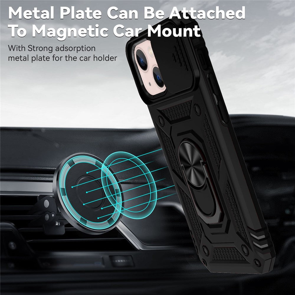 For iPhone 13 mini 5.4 inch Mobile Phone Cover Slide Camera Protection Ring Kickstand Hybrid PC + TPU Phone Case