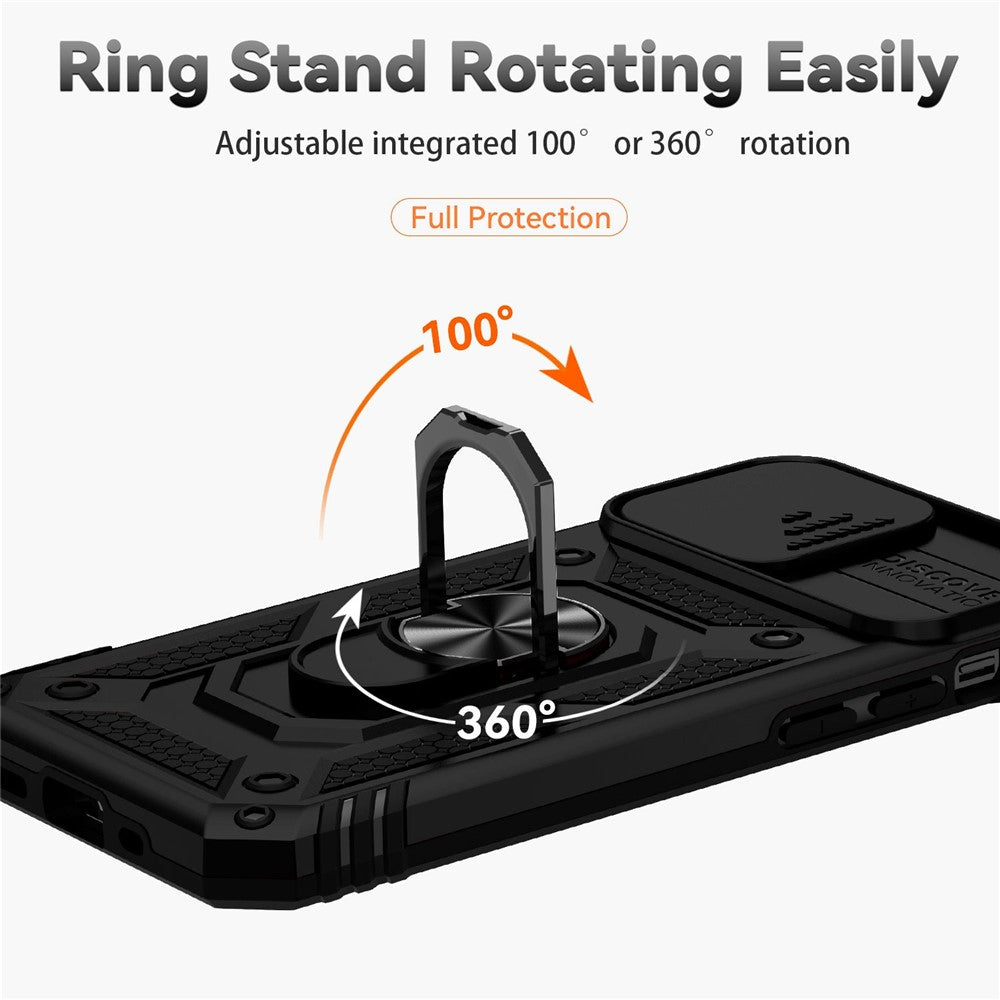 For iPhone 13 mini 5.4 inch Mobile Phone Cover Slide Camera Protection Ring Kickstand Hybrid PC + TPU Phone Case