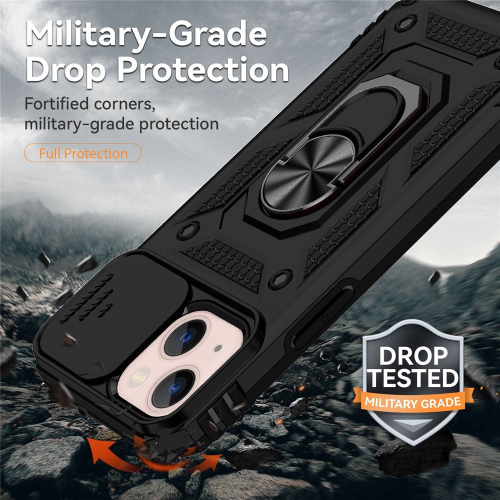 For iPhone 13 mini 5.4 inch Mobile Phone Cover Slide Camera Protection Ring Kickstand Hybrid PC + TPU Phone Case