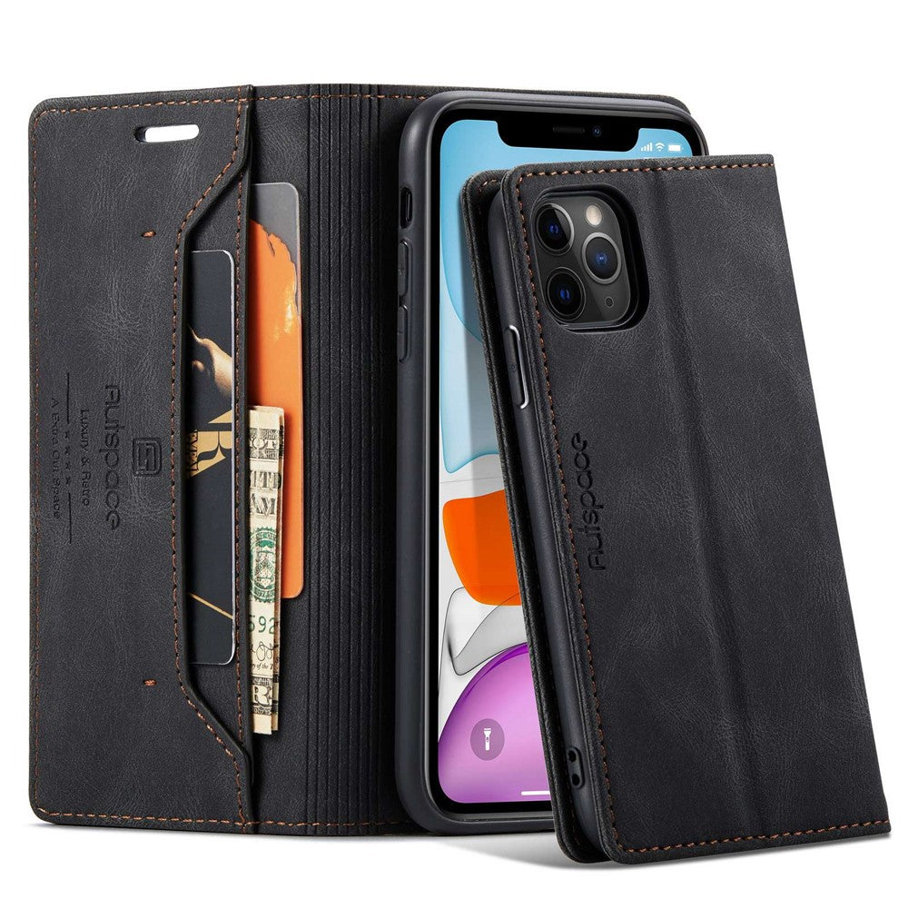 AUTSPACE A01-serien til iPhone 11 Pro Max 6,5 tommer PU-læderetui RFID Blokerende Pung Stander Flip Cover