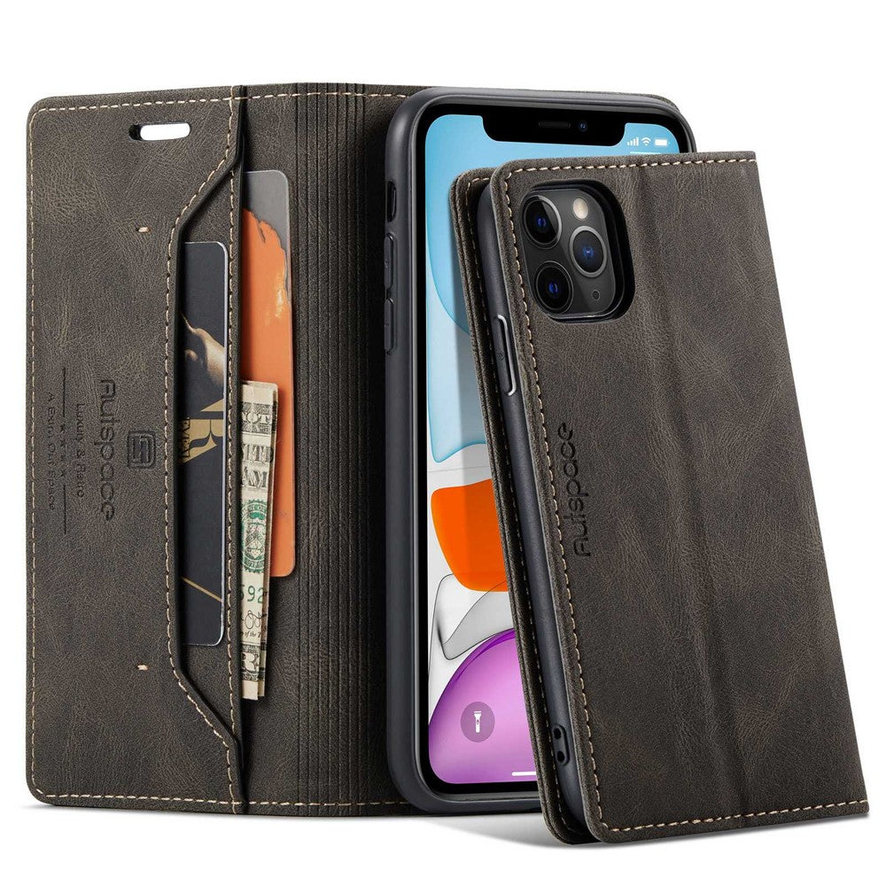 AUTSPACE A01-serien til iPhone 11 Pro Max 6,5 tommer PU-læderetui RFID Blokerende Pung Stander Flip Cover