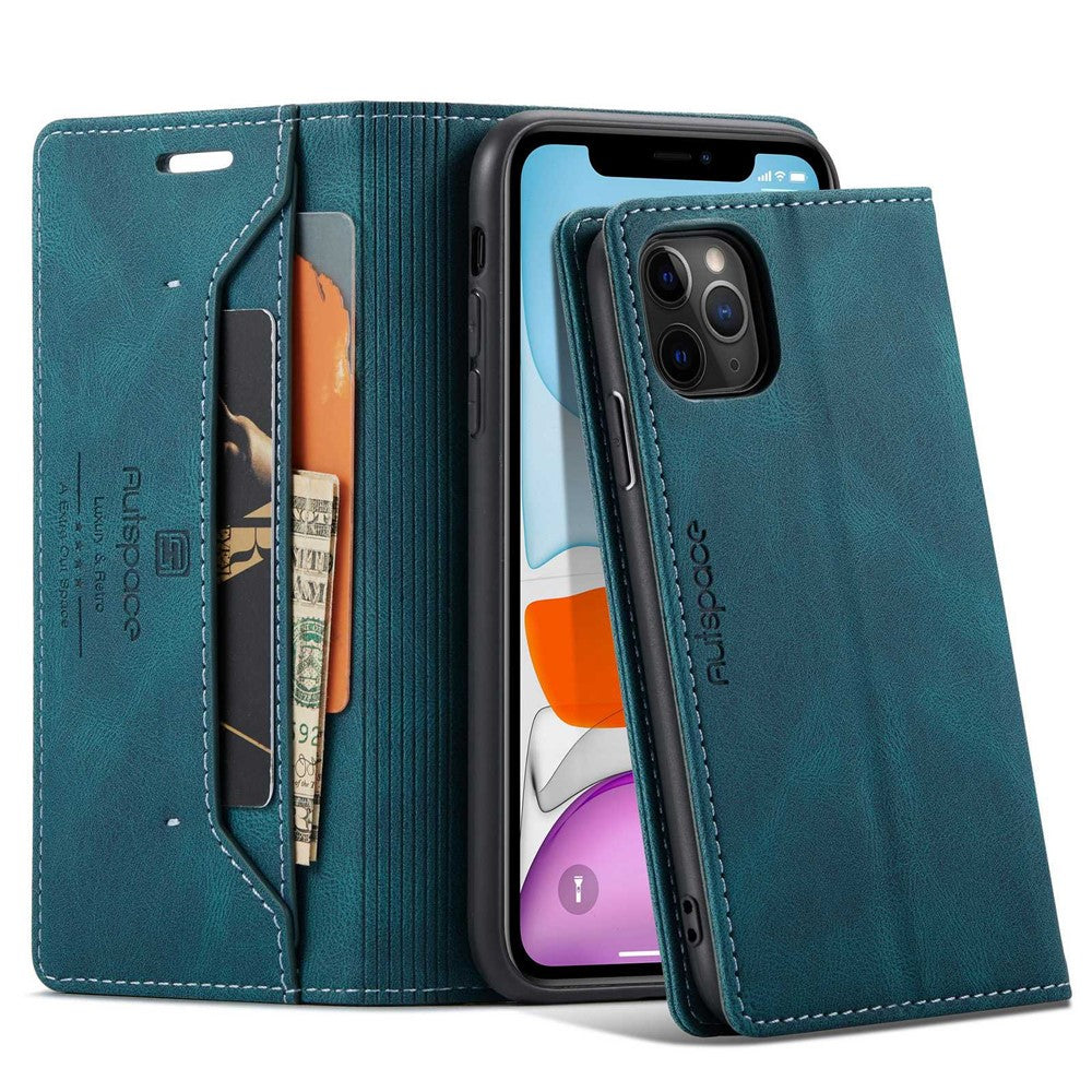 AUTSPACE A01-serien til iPhone 11 Pro Max 6,5 tommer PU-læderetui RFID Blokerende Pung Stander Flip Cover