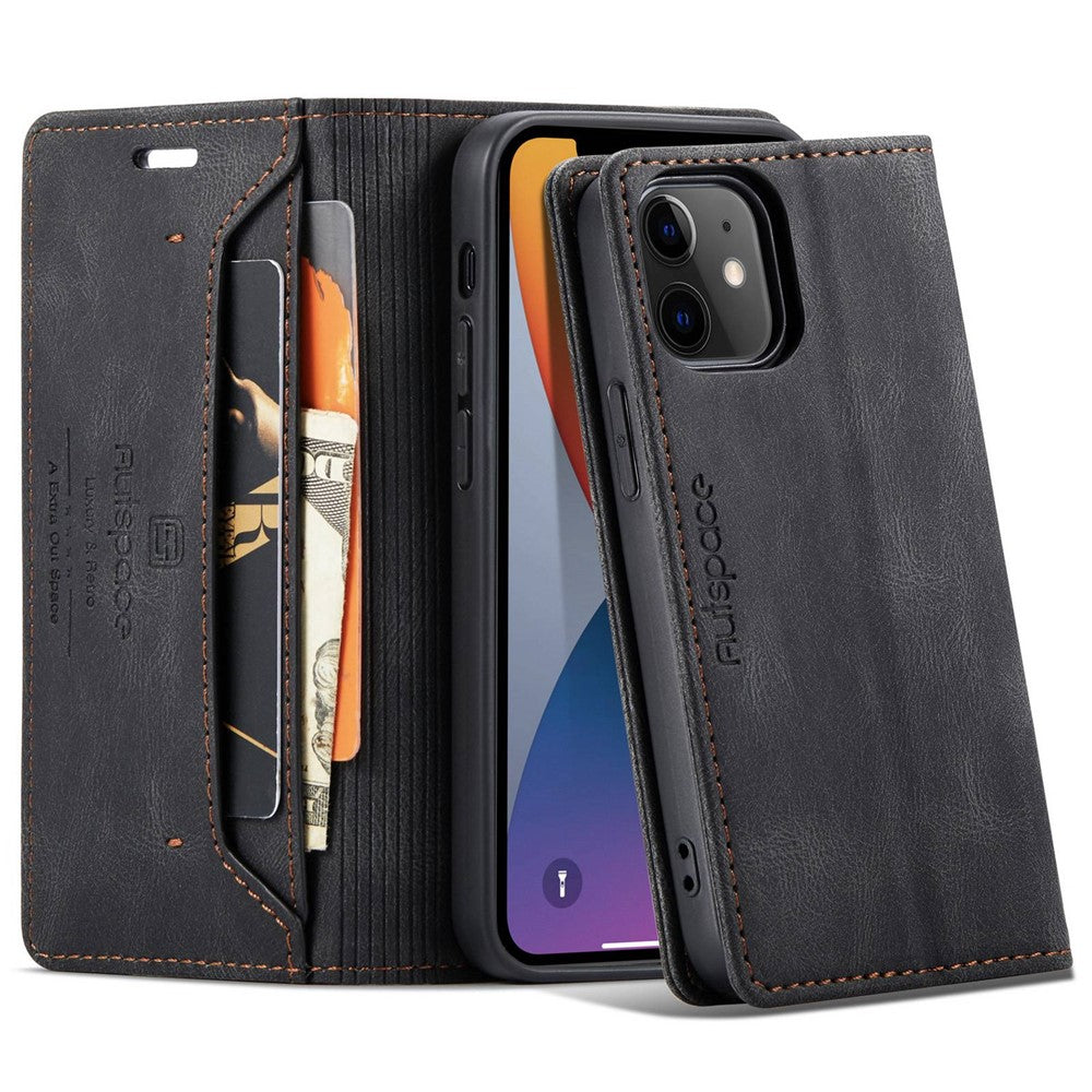 AUTSPACE A01-serien til iPhone 12/12 Pro 6,1 tommer PU-lædercover RFID-blokerende pung med standerfunktion