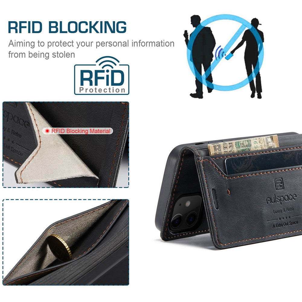 AUTSPACE A01-serien til iPhone 12/12 Pro, 6,1-tommers PU-lædercover med RFID-blokerende pung og foldbart stativ