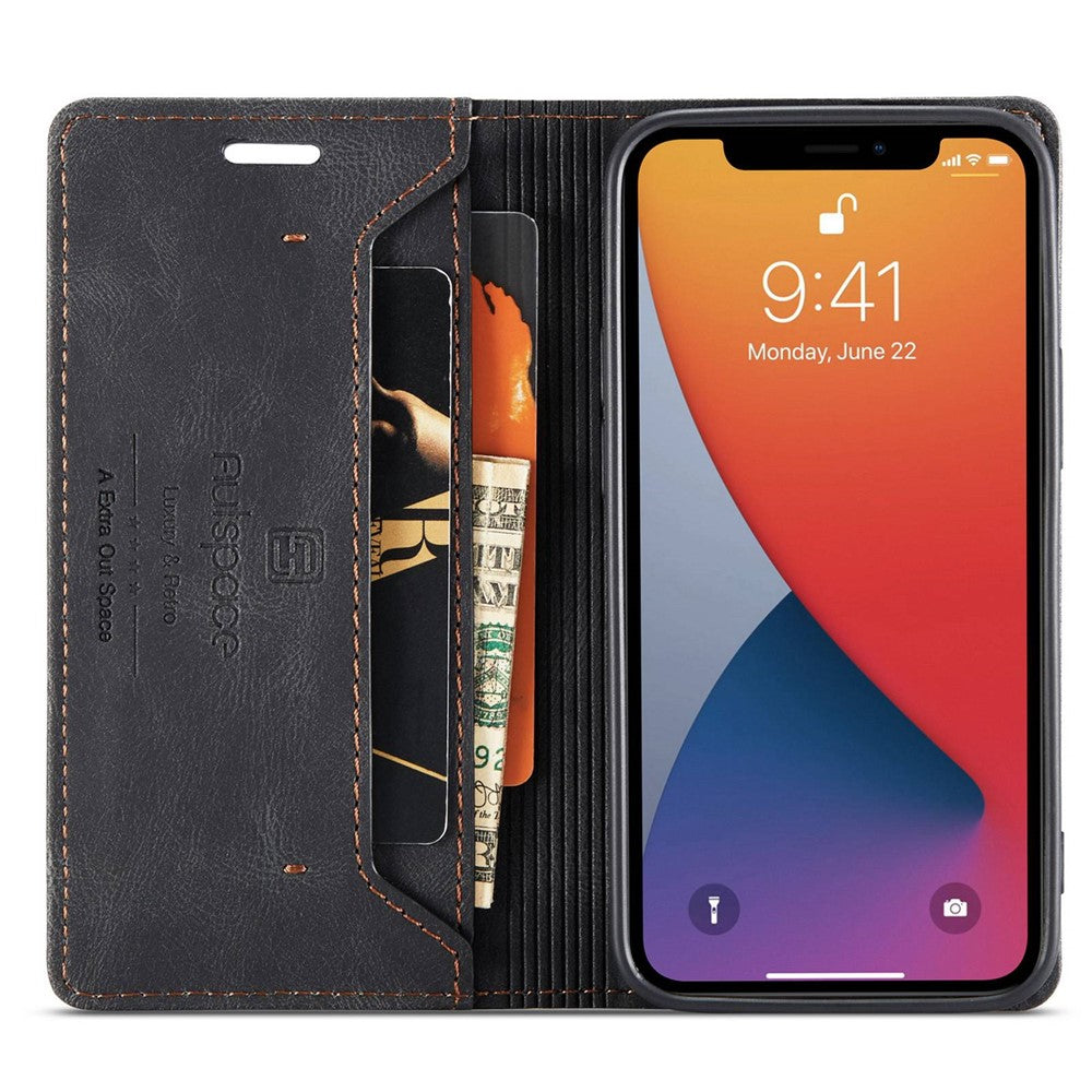 AUTSPACE A01-serien til iPhone 12/12 Pro, 6,1-tommers PU-lædercover med RFID-blokerende pung og foldbart stativ