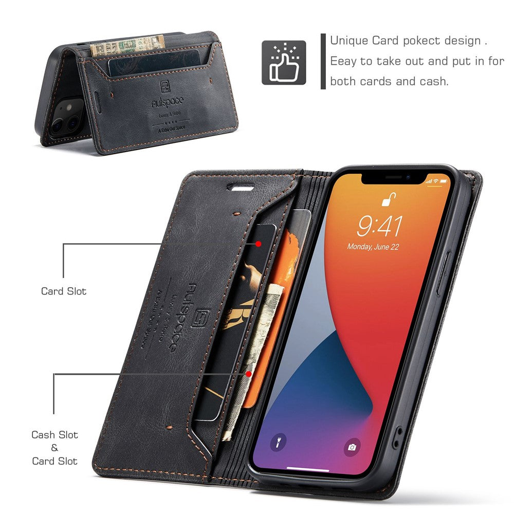 AUTSPACE A01-serien til iPhone 12/12 Pro, 6,1-tommers PU-lædercover med RFID-blokerende pung og foldbart stativ